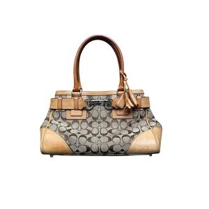 Coach Signature Jacquard Soho Satchel Tan Leather Trim Horsebit Bag